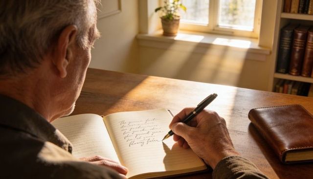 Senior man writing journal with fountain pen at sunlit wooden desk for reflection