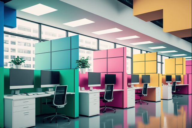 Modern office interior with desks, computers and window created using generative ai technology. Office interior and business concept digitally generated image.