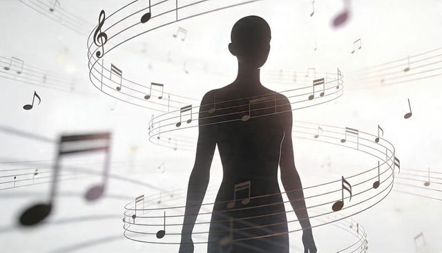 Silhouette wrapped in spiral musical staff and floating notes, concept of inner melody