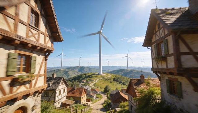 Wind turbine rotating above hillside village with half-timbered houses and winding path
