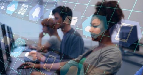 Curly-haired call center agent wearing headset focusing on monitor with cloud icons