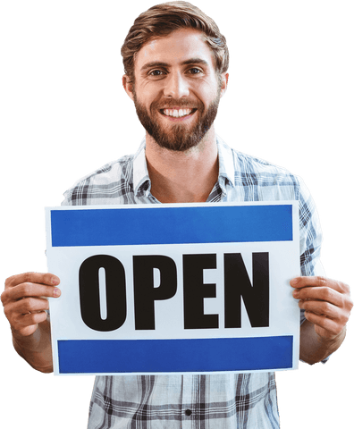 smiling man holding open sign on transparent background - Download Free Stock Videos Pikwizard.com