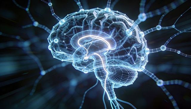 Glowing neural network brain hologram representing artificial intelligence and connectivity