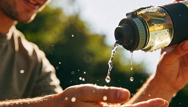 Man pouring water from sports bottle into cupped hand outdoors, sunlit summer hydration closeup