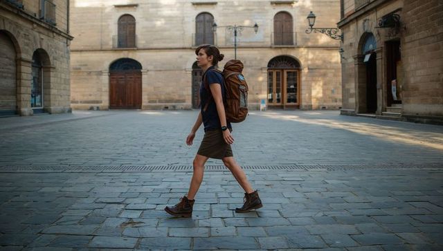 Solo female traveler walking across cobbled european plaza with large hiking backpack