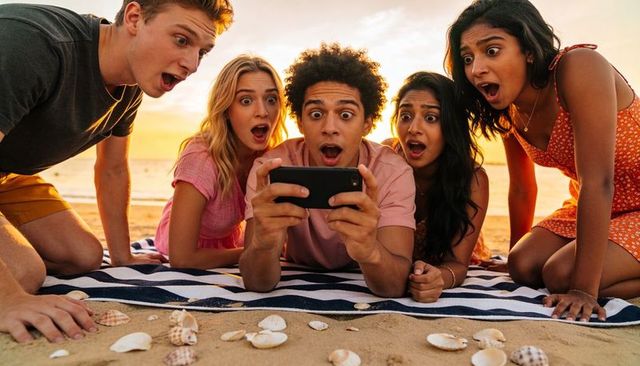 Friends watching smartphone on beach at sunset showing surprised reactions and excitement