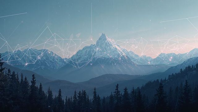Snow-capped peak rising over alpine ridges with glowing geometric network overlay at dawn