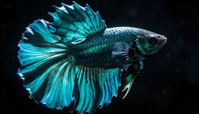 Iridescent teal betta fish showing flowing fins, luminous scales with dark background