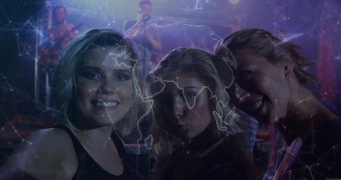 Friends Celebrating with Global Connectivity at Nightclub