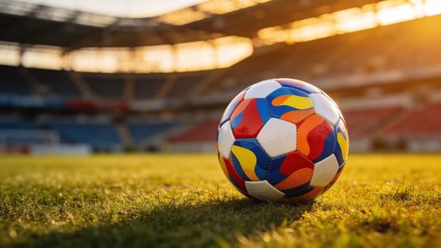 Colorful soccer ball resting on stadium grass at golden hour with blurred stands and goal