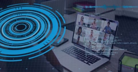 Remote team collaborating in virtual meeting with coding HUD and analytics overlay
