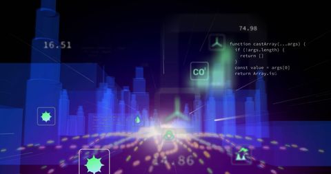 Eco-friendly network over futuristic digital cityscape