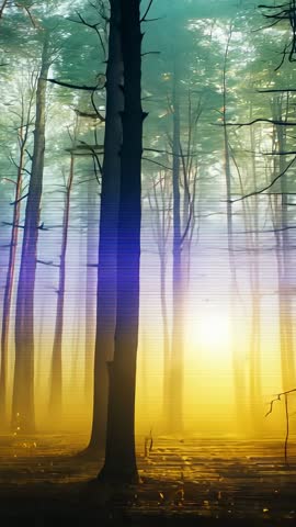 Vertical video: Sun rising through misty conifer forest, warm golden rays and banding