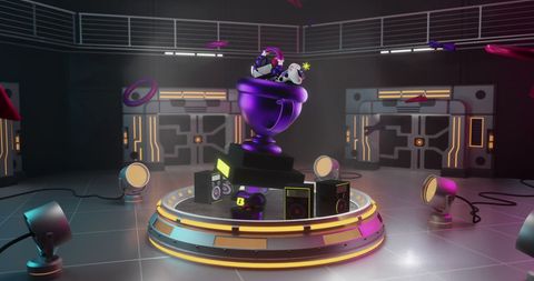 Futuristic Gaming Stage with Neon Lights and Graphics