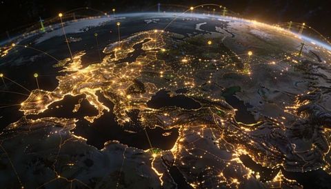 Europe north africa night network showing connected cities and urban lights from orbit