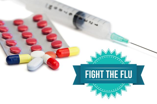 Shows variety of medication including colorful pills and a syringe with text 'Fight the Flu'. Useful for healthcare campaigns, flu season awareness, medical articles, vaccination drives.