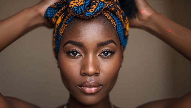 Striking studio close-up of woman adjusting colorful headwrap showing flawless makeup glam
