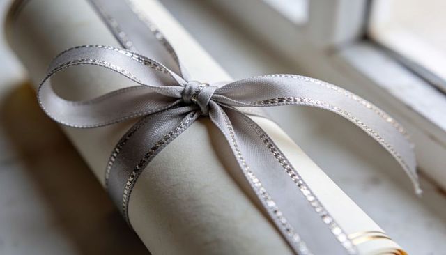 Resting rolled parchment featuring silver satin ribbon bow near window light on marble