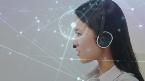 Asian Businesswoman Using Headset with Digital Network Overlay