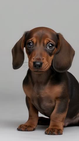 Vertical video: Curious dachshund puppy turning head, shifting gaze on grey background