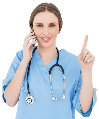 Transparent Young Medical Professional Phoning and Pointing
