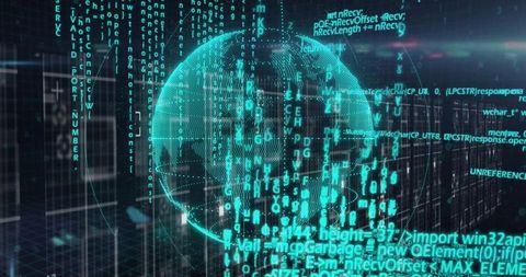 Rotating holographic globe streaming code over neon wireframe grid for cyber network