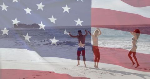 Joyful Beach Party with American Flag Overlaid