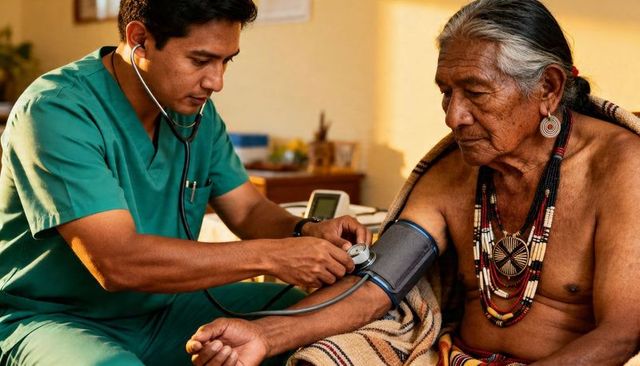 Nurse taking blood pressure for elder wearing traditional beads during home health visit