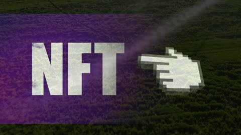 NFT Text Highlighted with Digital Pointer on Verdant Landscape