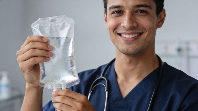 Smiling male nurse holding iv bag wearing navy scrubs and stethoscope closeup hydration