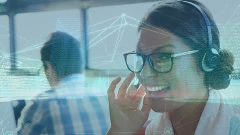 Smiling Customer Service Representative with Communication Technology