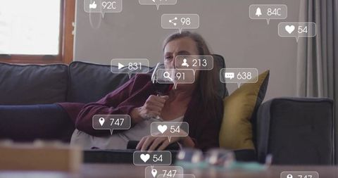 Woman Relaxing with Wine and Social Media Notifications