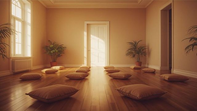Serene Meditation Studio with Cushions and Palms