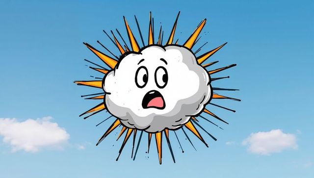 Surprised cartoon cloud radiating orange-black sunburst over blue sky