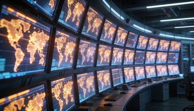 Dominating curved monitor wall displaying glowing world heatmaps for global operations hub