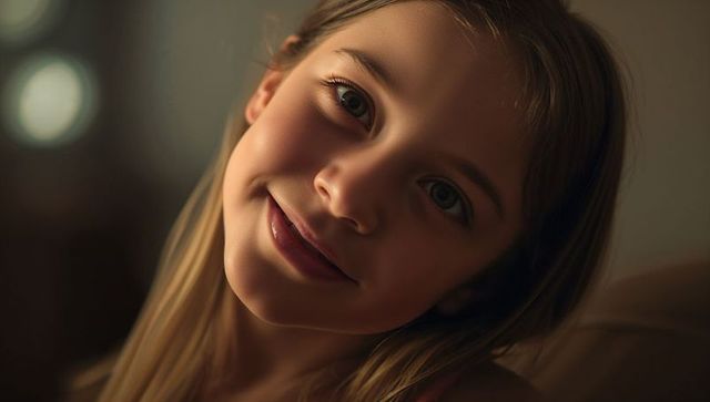 Smiling young girl basking in warm lamp light, intimate closeup portrait with bokeh