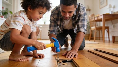 Father guiding child repairing hardwood floor with hammer — family diy bonding and learning