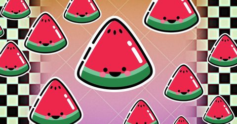Playful cartoon watermelon slices on vibrant checkered background