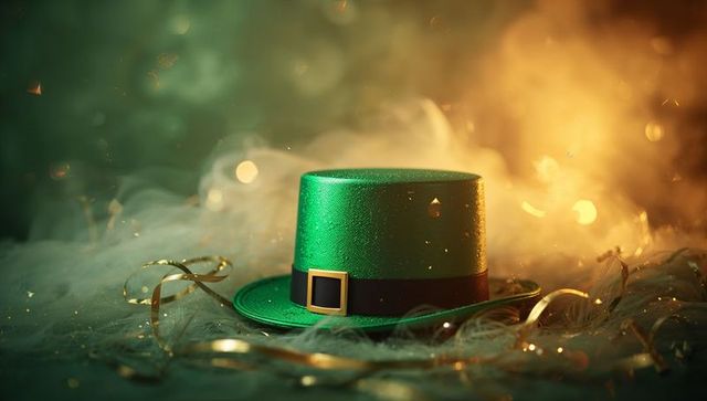 Emerald St Patrick's Day Top Hat with Gold Buckle, Confetti and Festive Bokeh Glow Holiday