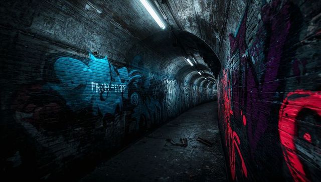 Mysterious urban tunnel with graffiti and fluorescent lighting