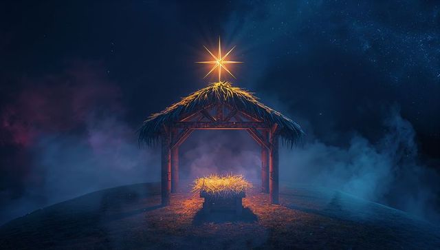 Rustic nativity scene with radiant star and manger