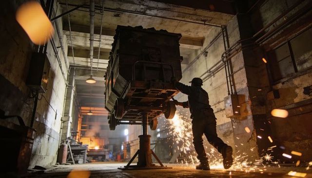 Mining technician steadying raised ore cart while sparks flying in dim industrial workshop