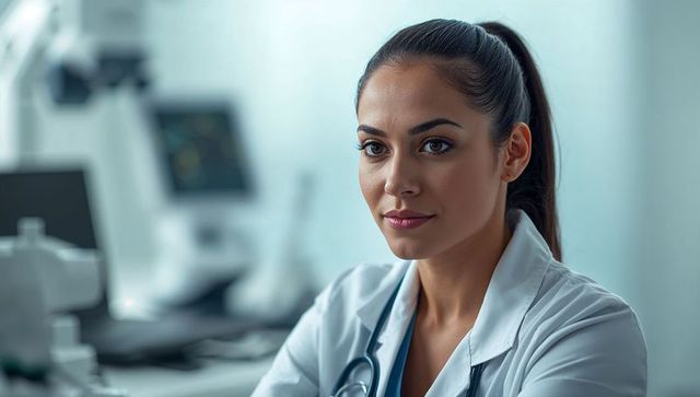Female physician looking confident in lab coat with stethoscope clinical portrait headshot