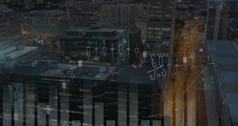 Mathematical Data Overlay on Modern Cityscape at Dusk