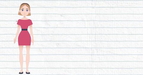 Pictogram of woman in pink dress on ruled paper background with copy space