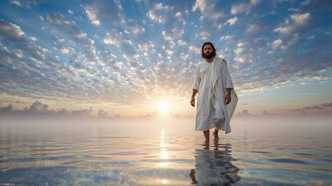 Serenely walking moses in white robe against sunset horizon