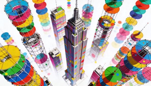 Rising neon skyscraper showcasing colorful panel facades and wireframe disc towers