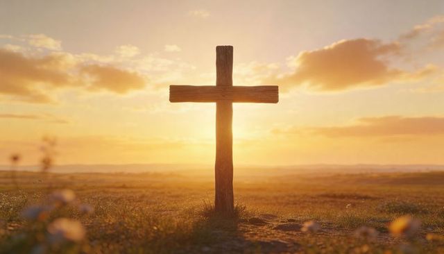 Rustic wooden cross standing in golden meadow at sunrise with wildflowers and backlit horizon
