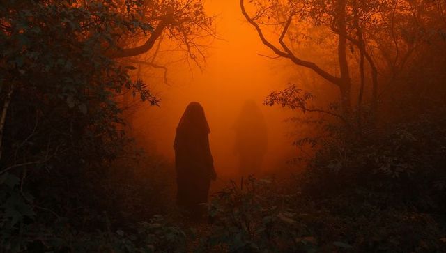 Hooded Figures in Mystical Orange Misty Forest