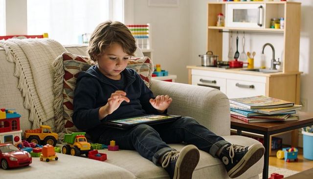 Young boy using tablet on sofa surrounded by toys and play kitchen, cozy home learning